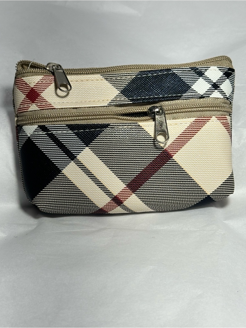 Neutral Plaid Double Zip Coin Purse Wallet – Beige Multi Pocket Pouch
